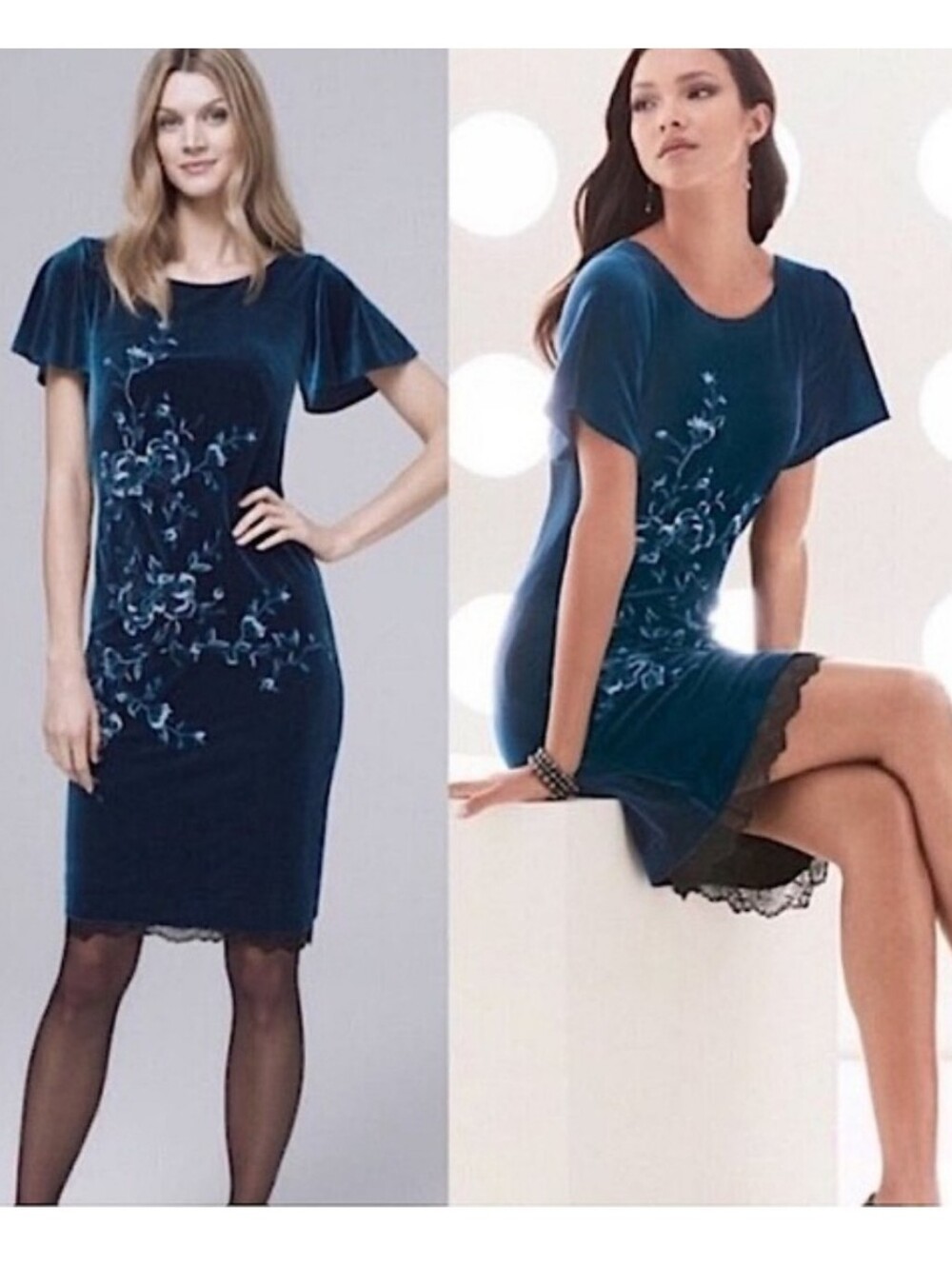 White House Black Market Teal Embroidered Velvet Dress Size Large